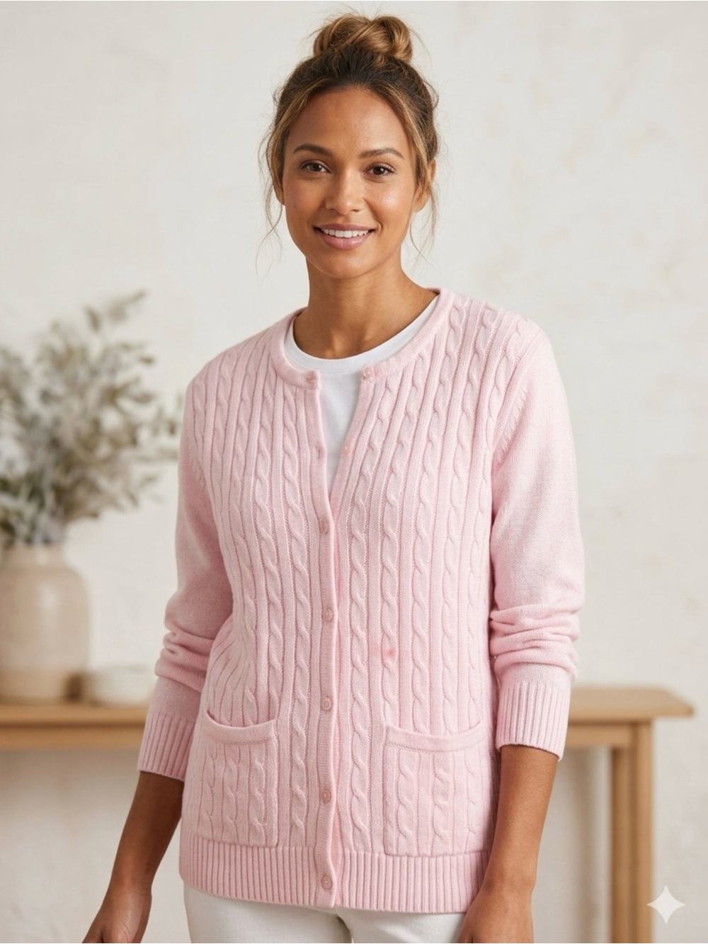 Alia Light Pink Cable Knit Button-Front Cardigan